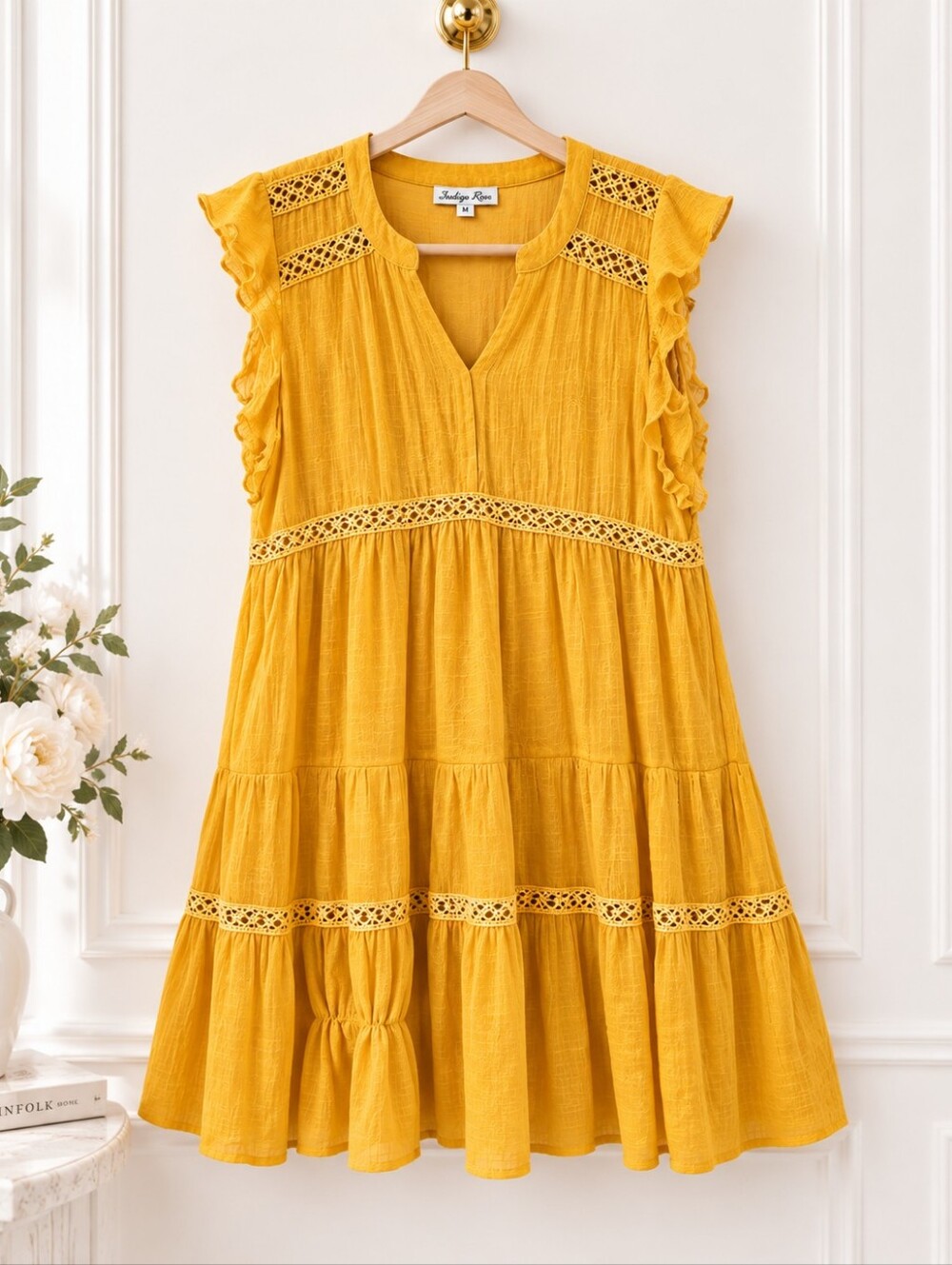 Indigo Rose Mustard Yellow Lace Trim Tiered Dress Petite XL PXL - Picture 5 of 9